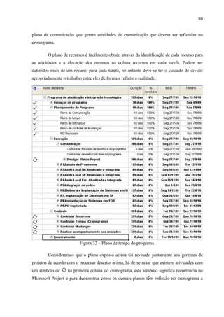 80
plano de comunicação que geram atividades de comunicação que devem ser refletidas no
cronograma.
O plano de recursos é facilmente obtido através da identificação de cada recurso para
as atividades e a alocação dos mesmos na coluna recursos em cada tarefa. Podem ser
definidos mais de um recurso para cada tarefa, no entanto deve-se ter o cuidado de dividir
apropriadamente o trabalho entre eles de forma a refletir a realidade.
Figura 32 – Plano de tempo do programa.
Consideremos que o plano exposto acima foi revisado juntamente aos gerentes de
projetos de acordo com o processo descrito acima, há de se notar que existem atividades com
um símbolo de na primeira coluna do cronograma, este símbolo significa recorrência no
Microsoft Project e para demonstrar como os demais planos têm reflexão no cronograma a
 