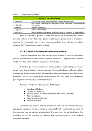 82
Tabela 21 – Legenda de atividades.
Legenda de atividades
E = Executa Tem como principal responsabilidade elaborar o documento.
P = Participa
Participa na elaboração do documento ou de parte dele, proporcionando
informação.
R = Revisa Revisa o documento.
A = Aprova Aprova o documento.
C = Copiado Recebe o documento apenas para informação ou execução de alguma ação.
Ainda é aconselhável que não se tenha mais do que um executante para a mesma
atividade a fim de evitar sobreposição de responsabilidades e que em meio ao programa se
evite que um recurso deixe para o outro, outra recomendação é que não seja necessária a
utilização do "C" quando outra letra for utilizada.
5.3.2.4 Elaboração do plano para aprovação de mudanças
Um ponto fundamental para o sucesso do projeto é manter o escopo o mais estável
possível, sob controle e de acordo com o estudo de viabilidade. O programa deve formalizar
seu processo de Análise, Validação e Aprovação de mudanças.
A estrutura que suporta o processo de análise, validação e aprovação pode variar de
acordo com a abrangência e/ou porte do programa. É recomendável que a análise da mudança
seja realizada pelo gerente do projeto, que a validação seja realizada pelo gerente do programa
juntamente com o PMO do programa e a aprovação seja feita pelo gestor de TI responsável
pelo programa e/ou sponsor ou comitê de mudanças.
Resumindo este processo de Aprovação de Mudanças:
• Identificar a Mudança
• Formalizar a Mudança
• Realizar Análise de Impacto (Escopo, Custo, Prazo, Qualidade)
• Aprovar Mudança
• Realizar ajustes no Projeto
• Executar Mudança
Geralmente este processo pode ser fomarlizado através de uma reunião em equipe
que registre o processo em ata de reunião e seja assinado sob consentimento de todos, um
bom momento para ser realizada a comunicação deste processo e de sua formalização é na
reunião de abertura do programa que acontece logo após o programa ter seu estudo de
viabilidade aprovado.
 