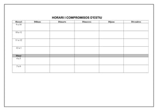 HORARI I COMPROMISOS D'ESTIU
Horari Dilluns Dimarts Dimecres Dijous Divendres
9 a 10
10 a 11
11 a 12
12 a 1
Dinar
4 a 5
5 a 6
 