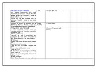 http://www.edu365.cat/stjoan/
Les festes tradicionals són molt
importants a la nostra cultura. Aprofita
aquest enllaç per conèixer a fons la
festa de Sant Joan.
Escull una de les opcions que et
proposa l’edu365 i crea el teu propi
treball.
Català Del 25 al 28 de juny
-Utilitza el servei de préstec de la
Biblioteca Pompeu Fabra, Anota els
títols dels llibres o revistes que llegeixis.
Català
Castellà
10 minuts diaris.
PROJECTES D'EXPRESSIÓ:
1. Em presento...Foto.La meva experiència escolar: àrees que
m'agraden, preferència d'activitats, interessos,
projectes de futur...
Activitats i preferències.
Planifica el text i organitza'l en
paràgrafs. Si vols pots enregistrar-lo
fent servir l'audacity o fer una gravació.
2. Notícies:
Redacta tres notícies del teu interès d'aquest
estiu.
Organitza't com un periodista.
Cerca les fonts d'informació, contrasta les
dades...
Busca imatges que il·lustrin la notícia.
Passa--les a TAC.
3. Descripció d'un paisatge que t'hagi
cridat l'atenció.
Segueix les pautes del projecte descrivim de
colònies 11/12.
4. Diari Personal:
Escull 4/5 dies d'aquestes vacances i redacta el
1 Projecte d'Expressió cada
setmana.
 