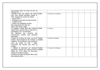 diari personal seguint les pautes del diari de
colònies 10/11.
-Aprofita l’estiu per passar els textos
que t’han quedat pendents passar a
TAC. Segueix les normes de classe:
. Passo el text.
. M'asseguro una lectura autocorrectiva.
. Justifico el text.
. Inserto una imatge/peu de foto.
Els components d'un text són:
Títol / Text / Autor / Data
Català 2 sessions a la setmana.
-Si viatges o visites algun lloc d’interès
aquest estiu recorda que en pots fer un
reportatge a mà o a l'ordinador.
És important que combinis les
informacions, itinerari, diari personal
amb fotos.
Català 3 sessions
-Intenta fer al llarg de l’estiu uns 8/10
dictats. Autocorregeix-te les errades tu
mateix/a. Et recomanem que practiquis
amb els dictats en línia i vagis
combinant les normes que més et
costen.
Català /
castellà
1 dictat per setmana.
- Utlilitza el diccionari per esbrinar
significats. Caldria que al llarg de l'estiu
fessis de 10-15 fitxes de diccionari
seguint el model de classe.
Combina l'ús dels diccionaris llibre amb
les versions online.
Català /
castellà
1/2 sessió a la setmana.
 