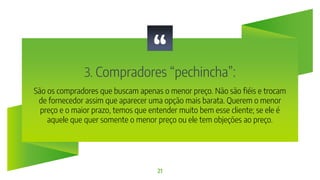 “
3. Compradores “pechincha”:
21
São os compradores que buscam apenas o menor preço. Não são fiéis e trocam
de fornecedor assim que aparecer uma opção mais barata. Querem o menor
preço e o maior prazo, temos que entender muito bem esse cliente; se ele é
aquele que quer somente o menor preço ou ele tem objeções ao preço.
 