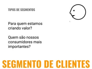 PROPOSTA DE VALOR
SEGMENTO DE CLIENTES
TIPOS DE SEGMENTOS
Para quem estamos
criando valor?
Quem são nossos
consumidores mais
importantes?
 
