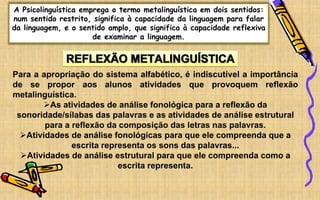 A Psicolinguística emprega o termo metalinguística em dois sentidos:
num sentido restrito, significa à capacidade da linguagem para falar
da linguagem, e o sentido amplo, que significa à capacidade reflexiva
de examinar a linguagem.
Para a apropriação do sistema alfabético, é indiscutível a importância
de se propor aos alunos atividades que provoquem reflexão
metalinguística.
As atividades de análise fonológica para a reflexão da
sonoridade/sílabas das palavras e as atividades de análise estrutural
para a reflexão da composição das letras nas palavras.
Atividades de análise fonológicas para que ele compreenda que a
escrita representa os sons das palavras...
Atividades de análise estrutural para que ele compreenda como a
escrita representa.
 