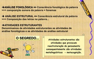 ANÁLISE FONOLÓGICA => Consciência fonológica da palavra
>>> composição sonora da palavra = fonemas
 ANÁLISE ESTRUTURAL => Consciência estrutural da palavra
>>> Composição das letras na palavra...
ATIVIDADES ESTRUTURANTES
Denominamos de atividades estruturantes as atividades de
análise fonológicas e as atividades de análise estrutural
Atividades estruturantes são
atividades que provocam
reestruturação do pensamento
consequentemente são atividades
metalinguísticas - metacognição.
 