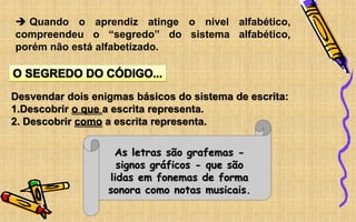  Quando o aprendiz atinge o nível alfabético,
compreendeu o “segredo” do sistema alfabético,
porém não está alfabetizado.
Desvendar dois enigmas básicos do sistema de escrita:
1.Descobrir o que a escrita representa.
2. Descobrir como a escrita representa.
As letras são grafemas -
signos gráficos - que são
lidas em fonemas de forma
sonora como notas musicais.
 