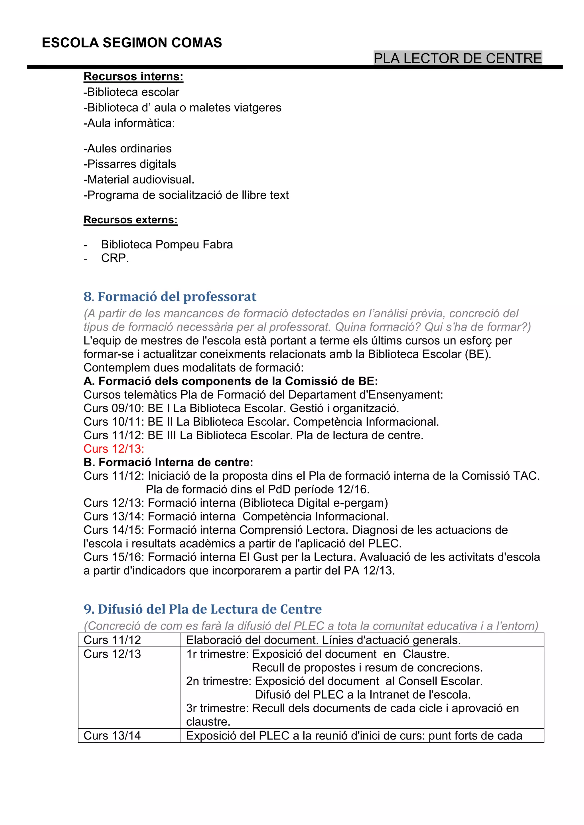 ESCOLA SEGIMON COMAS
                                                            PLA LECTOR DE CENTRE
    Recursos interns:
    -Biblioteca escolar
    -Biblioteca d’ aula o maletes viatgeres
    -Aula informàtica:

    -Aules ordinaries
    -Pissarres digitals
    -Material audiovisual.
    -Programa de socialització de llibre text

    Recursos externs:

    -   Biblioteca Pompeu Fabra
    -   CRP.


    8. Formació del professorat
    (A partir de les mancances de formació detectades en l’anàlisi prèvia, concreció del
    tipus de formació necessària per al professorat. Quina formació? Qui s’ha de formar?)
    L'equip de mestres de l'escola està portant a terme els últims cursos un esforç per
    formar-se i actualitzar coneixments relacionats amb la Biblioteca Escolar (BE).
    Contemplem dues modalitats de formació:
    A. Formació dels components de la Comissió de BE:
    Cursos telemàtics Pla de Formació del Departament d'Ensenyament:
    Curs 09/10: BE I La Biblioteca Escolar. Gestió i organització.
    Curs 10/11: BE II La Biblioteca Escolar. Competència Informacional.
    Curs 11/12: BE III La Biblioteca Escolar. Pla de lectura de centre.
    Curs 12/13:
    B. Formació Interna de centre:
    Curs 11/12: Iniciació de la proposta dins el Pla de formació interna de la Comissió TAC.
                  Pla de formació dins el PdD període 12/16.
    Curs 12/13: Formació interna (Biblioteca Digital e-pergam)
    Curs 13/14: Formació interna Competència Informacional.
    Curs 14/15: Formació interna Comprensió Lectora. Diagnosi de les actuacions de
    l'escola i resultats acadèmics a partir de l'aplicació del PLEC.
    Curs 15/16: Formació interna El Gust per la Lectura. Avaluació de les activitats d'escola
    a partir d'indicadors que incorporarem a partir del PA 12/13.


    9. Difusió del Pla de Lectura de Centre
    (Concreció de com es farà la difusió del PLEC a tota la comunitat educativa i a l’entorn)
    Curs 11/12        Elaboració del document. Línies d'actuació generals.
    Curs 12/13        1r trimestre: Exposició del document en Claustre.
                                    Recull de propostes i resum de concrecions.
                      2n trimestre: Exposició del document al Consell Escolar.
                                     Difusió del PLEC a la Intranet de l'escola.
                      3r trimestre: Recull dels documents de cada cicle i aprovació en
                      claustre.
    Curs 13/14        Exposició del PLEC a la reunió d'inici de curs: punt forts de cada
 