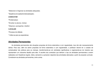 33
*Selecionar e Organizar as atividades adequadas;
*Seqüência de ações(Contextualização) .
2-EXECUTAR
*Problematizar;
*Envolver os alunos, motivar;
*Observar, acompanhar, interferir
3-AVALIAR
*Processo de reflexão
* Voltar-se para as expectativas
Atividades Permanentes
As atividades permanentes são situações propostas de forma sistemática e com regularidade, mas não são necessariamente
diárias. Para isso, além de serem propostas de forma sistemática e com regularidade, o professor deverá ter o cuidado de
contextualizar tais práticas para as crianças, transformando-as em atividades significativas e organizando-as de maneira que
representem um crescente desafio para elas. A escolha dos conteúdos que definem o tipo de atividades permanentes a serem
realizadas com freqüência regular, diária, semanal ou quinzenal, depende das prioridades elencadas a partir da proposta curricular.
Consideram-se atividades permanentes, entre outras:
 