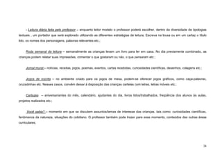 34
- Leitura diária feita pelo professor – enquanto leitor modelo o professor poderá escolher, dentro da diversidade de tipologias
textuais , um portador que será explorado utilizando as diferentes estratégias de leitura; Escreva na lousa ou em um cartaz o título
lido, os nomes dos personagens, palavras relevantes etc.;
Roda semanal da leitura – semanalmente as crianças levam um livro para ler em casa. No dia previamente combinado, as
crianças podem relatar suas impressões, comentar o que gostaram ou não, o que pensaram etc.;
Jornal mural – notícias, receitas, jogos, poemas, eventos, cartas recebidas, curiosidades científicas, desenhos, colagens etc.;
Jogos de escrita – no ambiente criado para os jogos de mesa, podem-se oferecer jogos gráficos, como caça-palavras,
cruzadinhas etc. Nesses casos, convêm deixar à disposição das crianças cartelas com letras, letras móveis etc.;
Cartazes – aniversariantes do mês, calendário, ajudantes do dia, livros lidos/trabalhados, freqüência dos alunos às aulas,
projetos realizados etc.;
Você sabia? – momento em que se discutem assuntos/temas de interesse das crianças, tais como: curiosidades científicas,
fenômenos da natureza, situações do cotidiano. O professor também pode trazer para esse momento, conteúdos das outras áreas
curriculares;
 