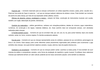 35
Fazendo arte – momento reservado para as crianças conhecerem um artista específico (músico, poeta, pintor, escultor etc.).
Pode ser hora ainda da “fazer à moda de...”, em que as crianças realizam releituras de artistas e obras. Pode também ser momento
de autoria de cada criança, por meio de sua expressão verbal, plástica, sonora;
Oficinas de desenho, pintura, modelagem e música – preparo de tintas, construção de instrumentos musicais com sucata,
trabalho com argila, elaboração de painéis, dobraduras;
Cantinho da matemática – sólidos geométricos, cartazes com situações-problema, tabelas de números, jogos matemáticos,
numéricos, de construção e de regras, materiais didáticos, etc. Esse cantinho deve ser enriquecido sempre, com atividades
realizadas pelas crianças;
A Família também ensina... momento em que se convidam mãe, pai, avô, avó, tio, tia, para contar histórias, fazer uma receita
culinária, cantar, ler, livros, construir objetos. É a família socializando saberes;
Faz-de-conta – momento em que as crianças representarão cenas do cotidiano, pessoas de sua convivência, personagens de
livros e de cinema. Esse espaço pode conter diferentes caixas previamente organizadas pelo professor para incrementar o jogo
simbólico das crianças, nas quais tenham objetivos variados, roupas, adornos, tipos de papéis diversos etc.;
Cantando e se encantando – momento em que as crianças podem cantar, sozinhas ou todas juntas. É hora também de ouvir
músicas de estilos e compositores variados, como forma de ampliação de repertório e gosto musical. O professor deve selecionar
músicas que realmente tenham um valor cultural, podendo ser de nosso cancioneiro popular, como também as clássicas;
 