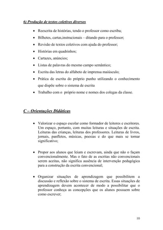 10
6) Produção de textos coletivos diversos
• Reescrita de histórias, tendo o professor como escriba;
• Bilhetes, cartas,instrucionais – ditando para o professor;
• Revisão de textos coletivos com ajuda do professor;
• Histórias em quadrinhos;
• Cartazes, anúncios;
• Listas de palavras do mesmo campo semântico;
• Escrita das letras do alfabeto de imprensa maiúsculo;
• Prática de escrita do próprio punho utilizando o conhecimento
que dispõe sobre o sistema de escrita
• Trabalho com o próprio nome e nomes dos colegas da classe.
C – Orientações Didáticas
• Valorizar o espaço escolar como formador de leitores e escritores.
Um espaço, portanto, com muitas leituras e situações de escrita.
Leituras das crianças, leituras dos professores. Leituras de livros,
jornais, panfletos, músicas, poesias e do que mais se tornar
significativo;
• Propor aos alunos que leiam e escrevam, ainda que não o façam
convencionalmente. Mas o fato de as escritas não convencionais
serem aceitas, não significa ausência de intervenção pedagógica
para a construção da escrita convencional;
• Organizar situações de aprendizagem que possibilitem a
discussão e reflexão sobre o sistema de escrita. Essas situações de
aprendizagem devem acontecer de modo a possibilitar que o
professor conheça as concepções que os alunos possuem sobre
como escrever;
 