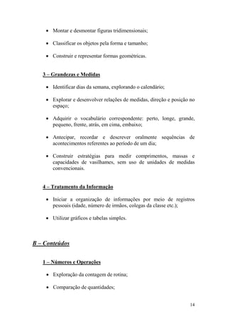 14
• Montar e desmontar figuras tridimensionais;
• Classificar os objetos pela forma e tamanho;
• Construir e representar formas geométricas.
3 – Grandezas e Medidas
• Identificar dias da semana, explorando o calendário;
• Explorar e desenvolver relações de medidas, direção e posição no
espaço;
• Adquirir o vocabulário correspondente: perto, longe, grande,
pequeno, frente, atrás, em cima, embaixo;
• Antecipar, recordar e descrever oralmente sequências de
acontecimentos referentes ao período de um dia;
• Construir estratégias para medir comprimentos, massas e
capacidades de vasilhames, sem uso de unidades de medidas
convencionais.
4 – Tratamento da Informação
• Iniciar a organização de informações por meio de registros
pessoais (idade, número de irmãos, colegas da classe etc.);
• Utilizar gráficos e tabelas simples.
B – Conteúdos
1 – Números e Operações
• Exploração da contagem de rotina;
• Comparação de quantidades;
 