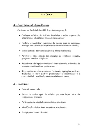 21
A – Expectativas de Aprendizagem
Os alunos, ao final do Infantil II, deverão ser capazes de:
• Conhecer músicas do folclore brasileiro e sejam capazes de
integrá-las as situações de brincadeiras diversas;
• Explorar e identificar elementos da música para se expressar,
interagir com os outros e ampliar seus conhecimentos do mundo;
• Identificar sons de objetos diversos e do meio ambiente;
• Perceber o ritmo através das situações do cotidiano: coração,
gotejar da torneira, relógio etc.;
• Reconhecer a interpretação musical como elemento expressivo de
sensações, sentimentos e pensamentos ;
• Reverenciar os valores culturais dentro das tipologias musicais,
difundindo o senso estético, promovendo a sociabilidade e a
expressividade, auxiliando no desenvolvimento motor.
B – Conteúdos
• Brincadeiras de roda;
• Escuta de vários tipos de música que não façam parte do
cotidiano das crianças;
• Participação de atividades com músicas clássicas ;
• Identificação e imitação de sons do meio ambiente;
• Percepção de ritmos diversos;
V-MÚSICA
 