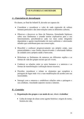 26
A – Expectativas de Aprendizagem
Os alunos, ao final do Infantil II, deverão ser capazes de:
• Considerar e reconhecer o valor de cada expressão de cultura
humana particular e das inter-relações entre as diferentes culturas;
• Observar e descrever os fatos da Natureza, formulando hipóteses
sobre seus fenômenos e criando teorias explicativas para o seu
funcionamento, percebendo-se cada vez mais como integrante
dependente e agente transformador do meio ambiente e valorizando
atitudes que contribuam para sua conservação;
• Descobrir e conhecer progressivamente seu próprio corpo, suas
potencialidades e seus limites desenvolvendo e valorizando hábitos
de cuidado com a própria saúde e bem-estar;
• Relacionar os fenômenos da natureza em diferentes regiões e as
formas de vida dos grupos sociais que ali vivem;
• Conhecer as relações entre os seres humanos e a natureza e as
formas de transformação e utilização desses recursos;
• Perceber, reconhecer e relatar os elementos que compõem a
paisagem do lugar onde vive e suas modificações de acordo com sua
necessidade;
• Interagir com a natureza e estabelecer relações entre a paisagem e
seu cotidiano, vinculando aspectos sociais e naturais.
B – Conteúdos
1. Organização dos grupos e seu modo de ser, viver e trabalhar
• Linha do tempo do aluno como agente histórico: origem do nome,
história da vida;
VII-NATUREZA E SOCIEDADE
 