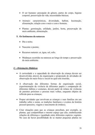 28
• O ser humano: percepção de gênero, partes do corpo, higiene
corporal, preservação da vida, necessidades básicas;
• Animais: características, diversidade, habitat, locomoção,
alimentação, relação com o meio e com o homem;
• Plantas: germinação, utilidade, jardim, horta, preservação do
meio ambiente, alimentação.
5. Os fenômenos da natureza
• Dia e noite;
• Nascente e poente;
• Recursos naturais: ar, água, sol, solo;
• Mudanças ocorridas na natureza ao longo do tempo e preservação
do meio ambiente.
C – Orientações Didáticas
• A curiosidade e a capacidade de observação da criança devem ser
desenvolvidas através da organização e proposição de atividades de
observação do meio físico e social no qual está inserida;
• A observação das diferentes formas de organização social,
experimentação da vivência de diferentes papéis e comparação de
diferentes hábitos e costumes, devem partir de relatos de vivências
de parentes próximos e pessoas mais velhas, enquanto objetos de
reflexão para as crianças;
• Propor atividades que envolvam as crianças e suas famílias em um
trabalho sobre o nome, as tradições familiares e eventos da história
pessoal (passeios, viagens e nascimento de irmãos);
• Criar situações para que as crianças percebam, por exemplo, as
plantas, que compartilham o mesmo espaço que elas, estabelecendo
relações de diferença e igualdade entre diferentes espécies vegetais.
No caso de haver possibilidade de se manter pequenas plantas no
 