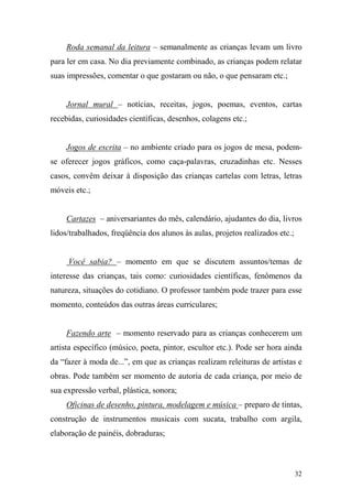 32
Roda semanal da leitura – semanalmente as crianças levam um livro
para ler em casa. No dia previamente combinado, as crianças podem relatar
suas impressões, comentar o que gostaram ou não, o que pensaram etc.;
Jornal mural – notícias, receitas, jogos, poemas, eventos, cartas
recebidas, curiosidades científicas, desenhos, colagens etc.;
Jogos de escrita – no ambiente criado para os jogos de mesa, podem-
se oferecer jogos gráficos, como caça-palavras, cruzadinhas etc. Nesses
casos, convêm deixar à disposição das crianças cartelas com letras, letras
móveis etc.;
Cartazes – aniversariantes do mês, calendário, ajudantes do dia, livros
lidos/trabalhados, freqüência dos alunos às aulas, projetos realizados etc.;
Você sabia? – momento em que se discutem assuntos/temas de
interesse das crianças, tais como: curiosidades científicas, fenômenos da
natureza, situações do cotidiano. O professor também pode trazer para esse
momento, conteúdos das outras áreas curriculares;
Fazendo arte – momento reservado para as crianças conhecerem um
artista específico (músico, poeta, pintor, escultor etc.). Pode ser hora ainda
da “fazer à moda de...”, em que as crianças realizam releituras de artistas e
obras. Pode também ser momento de autoria de cada criança, por meio de
sua expressão verbal, plástica, sonora;
Oficinas de desenho, pintura, modelagem e música – preparo de tintas,
construção de instrumentos musicais com sucata, trabalho com argila,
elaboração de painéis, dobraduras;
 