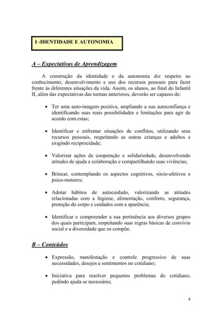 4
A – Expectativas de Aprendizagem
A construção da identidade e da autonomia diz respeito ao
conhecimento, desenvolvimento e uso dos recursos pessoais para fazer
frente às diferentes situações da vida. Assim, os alunos, ao final do Infantil
II, além das expectativas das turmas anteriores, deverão ser capazes de:
• Ter uma auto-imagem positiva, ampliando a sua autoconfiança e
identificando suas reais possibilidades e limitações para agir de
acordo com estas;
• Identificar e enfrentar situações de conflitos, utilizando seus
recursos pessoais, respeitando as outras crianças e adultos e
exigindo reciprocidade;
• Valorizar ações de cooperação e solidariedade, desenvolvendo
atitudes de ajuda e colaboração e compartilhando suas vivências;
• Brincar, contemplando os aspectos cognitivos, sócio-afetivos e
psico-motores;
• Adotar hábitos de autocuidado, valorizando as atitudes
relacionadas com a higiene, alimentação, conforto, segurança,
proteção do corpo e cuidados com a aparência;
• Identificar e compreender a sua pertinência aos diversos grupos
dos quais participam, respeitando suas regras básicas de convívio
social e a diversidade que os compõe.
B – Conteúdos
• Expressão, manifestação e controle progressivo de suas
necessidades, desejos e sentimentos no cotidiano;
• Iniciativa para resolver pequenos problemas do cotidiano,
pedindo ajuda se necessário;
I -IDENTIDADE E AUTONOMIA
 