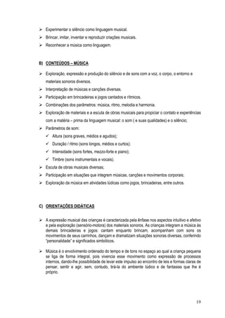 19
Experimentar o silêncio como linguagem musical.
Brincar, imitar, inventar e reproduzir criações musicais.
Reconhecer a música como linguagem.
B) CONTEÚDOS – MÚSICA
Exploração, expressão e produção do silêncio e de sons com a voz, o corpo, o entorno e
materiais sonoros diversos.
Interpretação de músicas e canções diversas.
Participação em brincadeiras e jogos cantados e rítmicos.
Combinações dos parâmetros: música, ritmo, melodia e harmonia.
Exploração de materiais e a escuta de obras musicais para propiciar o contato e experiências
com a matéria – prima da linguagem musical: o som ( e suas qualidades) e o silêncio;
Parâmetros de som:
Altura (sons graves, médios e agudos);
Duração / ritmo (sons longos, médios e curtos);
Intensidade (sons fortes, mezzo-forte e piano);
Timbre (sons instrumentais e vocais).
Escuta de obras musicais diversas;
Participação em situações que integrem músicas, canções e movimentos corporais;
Exploração da música em atividades lúdicas como jogos, brincadeiras, entre outros.
C) ORIENTAÇÕES DIDÁTICAS
A expressão musical das crianças é caracterizada pela ênfase nos aspectos intuitivo e afetivo
e pela exploração (sensório-motora) dos materiais sonoros. As crianças integram a música às
demais brincadeiras e jogos: cantam enquanto brincam, acompanham com sons os
movimentos de seus carrinhos, dançam e dramatizam situações sonoras diversas, conferindo
“personalidade” e significados simbólicos.
Música é o envolvimento ordenado do tempo e de tons no espaço ao qual a criança pequena
se liga de forma integral, pois vivencia esse movimento como expressão de processos
internos, dando-lhe possibilidade de levar este impulso ao encontro de leis e formas claras de
pensar, sentir e agir, sem, contudo, tirá-la do ambiente lúdico e de fantasias que lhe é
próprio.
 