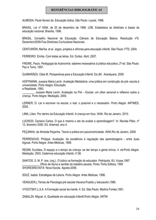 34
ALMEIDA, Paulo Nunes de. Educação lúdica. São Paulo: Loyola, 1998.
BRASIL. Lei nº 9394, de 20 de dezembro de 1996. LDB. Estabelece as diretrizes e bases da
educação nacional. Brasília, 1996.
BRASIL. Conselho Nacional de Educação. Câmara de Educação Básica. Resolução nº5.
Dezembro/2009.Fixa Diretrizes Curriculares Nacionais
CENTURIÓN, Marília. et al. Jogos, projetos e oficinas para educação infantil. São Paulo: FTD, 2004.
FERREIRO. Emília. Com todas as letras. Ed. Cortez. Abril, 2007.
FREIRE, Paulo. Pedagogia da Autonomia: saberes necessários à prática educativa, 2ª ed. São Paulo:
Paz e Terra, 1997.
GUIMARÃES. Célia M. Perspectivas para a Educação Infantil. Ed.JM. Araraquara. 2005
HOFFMANN, Jussara Maria Lerch. Avaliação Mediadora: uma prática em construção da pré- escola à
universidade. Porto Alegre: Educação
e Realidade, 1993.
________, Jussara Maria Lerch. Avaliação na Pré – Escola: um olhar sensível e reflexivo sobre a
criança. Porto Alegre: Mediação, 2000.
LERNER, D. Ler e escrever na escola: o real, o possível e o necessário. Porto Alegre: ARTMED,
2002.
LIMA, Lilian. Por dentro da Educação Infantil. A criança em foco. WAK. Rio de Janeiro. 2010.
LUCKESI, Cipriano Carlos. O que é mesmo o ato de avaliar a aprendizagem?. In: Revista Pátio. nº
12, fevereiro 2000. Ed. Artemed, ano 4.
PEÇANHA, de Almeida Peçanha. Teoria e prática em psicomotricidade. WAK.Rio de Janeiro, 2009.
PERRENOUD, Philippe. Avaliação: da excelência à regulação das aprendizagens - entre duas
lógicas. Porto Alegre: Artes Médicas, 1999.
REDIM, Euclides. O espaço e o tempo da criança: se der tempo a gente brinca. 4. ed.Porto Alegre:
Mediação, 2003. Cadernos educação infantil, nº.06.
SANTOS, S. M. P. dos. (org.). O lúdico na formação do educador. Petrópolis, RJ: Vozes,1997.
____________ Ofício de Aluno e sentido do trabalho escolar, Porto: Porto Editora, 1995
SHORESREVISTA: Nova Escola. Agosto-2006.
SOLÉ, Isabel. Estratégias de Leitura. Porto Alegre: Artes Médicas, 1998.
VENGUER,L.Temas de Psicologia pré escolar.Havana:Pueblo y /educación,1986.
VYGOTSKY,L.S.A .4.Formação social da mente. 4. Ed. São Paulo: Martins Fontes,1991.
ZABALZA. Miguel. A. Qualidade em educação Infantil.Porto Alegre. ARTM
REFERÊNCIAS BIBLIOGRÁFICAS
 