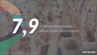 milhões de pessoas
impactadas diariamente.7,9
*Considerado o fluxo diário de cada plataforma de transporte Eletromidia.
 