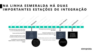 CPTM;
Hotéis;
Terminal
de Ônibus;
Metrô SP
Hotéis;
Terminal de
Ônibus;
Metrô SP
ESTAÇÃO
DE ACESSO
AO EVENTO
Principal porta de acesso das linhas
1, 2, 3 e 4 do Metrô de São Paulo;
Acesso da linha 8 da CPTM;
Estação localizada junto ao maior
terminal de ônibus da Zona Oeste;
Localizado em uma importante
região hoteleira, cultural e boêmia da
cidade.
COBERTURA
DAS ZONAS
NORTE, LESTE
E OESTE DA
CIDADE
Principal acesso da linha 5 do Metrô
São Paulo;
Estação localizada junto com
importante terminal de ônibus da Zona
Sul;
Atende toda a zona sul e quem vem da
Linha 01 Azul (Santa Cruz) e Linha 02
Verde para acessar o evento.
COBERTURA
DA ZONA SUL
N A L I N H A E S M E R A L D A H Á D U A S
I M P O R TA N T E S E S TA Ç Õ E S D E I N T E G R A Ç Ã O
 