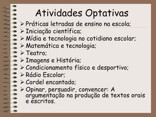 Atividades OptativasPráticas letradas de ensino na escola;