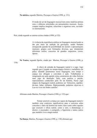 132
Na música, segundo Martins, Picosque e Guerra (1998, p. 131):
O modo de ser da linguagem musical tem como matérias-primas
sons e silêncios articulados em pensamentos musicais. Assim,
compor implica imaginar, relacionar e organizar sons, ouvindo-
os internamente.
Pois, ainda segundo as autoras acima citadas (1998, p.132):
A vivência da experiência estética na linguagem musical pode se
dar por meio da audição de gravações, sendo bastante
enriquecida quando há possibilidade de assistir a apresentações
musicais: grupos com formações diversas, que interpretam
diferentes estilos, concertos de grandes orquestras, corais,
óperas.
No Teatro, segundo Spolin, citado por Martins, Picosque e Guerra (1998, p.
134):
A chave de entrada da linguagem teatral é o jogo. Jogo
regrado que é jogado no tempo-espaço fictício e metafórico do
palco. Quando penetramos nessa linguagem, esse tempo e
espaço nos obrigam e convidam à ação. Trabalhamos a
imaginação em ação agindo corno construtores de vidas fictícias
num jogo de abstração. Nele, com poética e paixão,
representamos conduzidos pelo fio da história, Nesse jogo
mágico da linguagem teatral, podemos ser ‘feiticeiros, capitães-
do-mar, fadas, elefantes. Representando, podemos alçar-nos à
Lua ou viver em lindos castelos’.
Afirmam ainda Martins, Picosque e Guerra (1998, p. 135) que:
Tornar sensível a criança aos signos da linguagem teatral é
também criar contextos significativos para a conversa sobre
conceitos e fatos da história do teatro, bem como sobre aqueles
que exercem o ofício teatral, como o ator, o dramaturgo, o
diretor, o encenador, o cenógrafo, o figurinista e tantos outros
que mantém viva a magia teatral.
Na Dança, Martins, Picosque e Guerra (1998, p. 138) afirmam que:
 