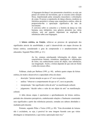 133
A linguagem da dança é um pensamento cinestésico, ou seja, um
pensar em termos de movimento, que se executa como emoção
física, impulsionado pelas sensações musculares e articulações
do corpo. O acesso a espetáculos de dança clássica, moderna ou
folclórica permitirá à criança uma experiência estética, além de
proporcionar-lhe a apreciação significativa da arte do
movimento.
A conversa sobre os conceitos e a história da dança na vida
humana, seus intérpretes, seus gêneros presentes nas várias
culturas, será um aspecto importante na ampliação de
referências sobre essa linguagem.
A leitura estética, ou fruição, refere-se ao processo de apropriação dos
significados através da sensibilidade, o qual é desenvolvido em etapas diversas de
leitura estética, considerando o grau de compreensão e o amadurecimento dos
educandos. Segundo Pillar (2003, p. 12 ):
Ao ler, estamos entrelaçando informações do objeto, suas
características formais, cromáticas, topológicas; e informações
do leitor, seu conhecimento acerca do objeto, suas inferências,
sua imaginação. Assim, a leitura depende do que está em frente
e atrás dos nossos olhos.
Feldman, citado por Barbosa (1991, p. 44), atribuiu quatro etapas da leitura
estética, de modo a desenvolver a capacidade crítica do aluno:
 descrição: “prestar atenção ao que se vê” ouve ou percebe;
 análise: “observar o comportamento do que se vê”, ouve ou percebe;
 interpretação: “dar significado à obra de arte” ou manifestação cultural;
 julgamento: “decidir sobre o valor de um objeto de arte” ou manifestação
cultural.
A idéia dessas etapas é oportunizar o aprofundamento da leitura estética,
partindo dos elementos perceptíveis, estabelecendo relações e finalmente construindo
seus significados a partir das referências pessoais, somadas aos saberes abordados e
mediados pelo docente.
Portanto, segundo Pillar e Vieira (1992, p. 09): “Esta diversidade de leituras
não é excludente, ou seja, é possível ler uma imagem fazendo com que várias
abordagens se interpenetrem, o que torna a apreciação mais rica.”
 