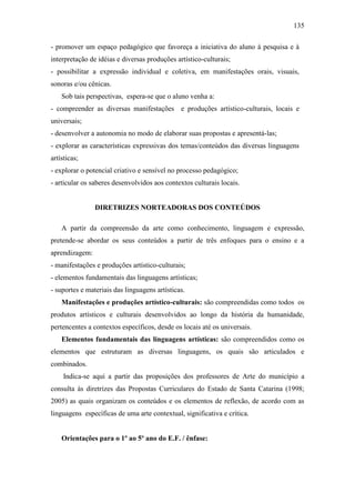 135
- promover um espaço pedagógico que favoreça a iniciativa do aluno à pesquisa e à
interpretação de idéias e diversas produções artístico-culturais;
- possibilitar a expressão individual e coletiva, em manifestações orais, visuais,
sonoras e/ou cênicas.
Sob tais perspectivas, espera-se que o aluno venha a:
- compreender as diversas manifestações e produções artístico-culturais, locais e
universais;
- desenvolver a autonomia no modo de elaborar suas propostas e apresentá-las;
- explorar as características expressivas dos temas/conteúdos das diversas linguagens
artísticas;
- explorar o potencial criativo e sensível no processo pedagógico;
- articular os saberes desenvolvidos aos contextos culturais locais.
DIRETRIZES NORTEADORAS DOS CONTEÚDOS
A partir da compreensão da arte como conhecimento, linguagem e expressão,
pretende-se abordar os seus conteúdos a partir de três enfoques para o ensino e a
aprendizagem:
- manifestações e produções artístico-culturais;
- elementos fundamentais das linguagens artísticas;
- suportes e materiais das linguagens artísticas.
Manifestações e produções artístico-culturais: são compreendidas como todos os
produtos artísticos e culturais desenvolvidos ao longo da história da humanidade,
pertencentes a contextos específicos, desde os locais até os universais.
Elementos fundamentais das linguagens artísticas: são compreendidos como os
elementos que estruturam as diversas linguagens, os quais são articulados e
combinados.
Indica-se aqui a partir das proposições dos professores de Arte do município a
consulta às diretrizes das Propostas Curriculares do Estado de Santa Catarina (1998;
2005) as quais organizam os conteúdos e os elementos de reflexão, de acordo com as
linguagens específicas de uma arte contextual, significativa e crítica.
Orientações para o 1º ao 5º ano do E.F. / ênfase:
 