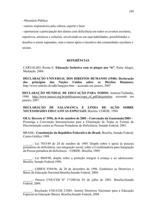 169
- Ministério Público
- setores responsáveis pela cultura, esporte e lazer
- oportunizar a participação dos alunos com deficiência em todos os eventos escolares,
esportivos, artísticos e culturais, envolvendo-os em suas habilidades, possibilidades e
desafios a serem superados, com o maior apoio e incentivo das comunidades escolares e
sociais.
REFERÊNCIAS
CARVALHO, Rosita E. Educação Inclusiva com os pingos nos “is”. Porto Alegre,
Mediação, 2004.
DECLARAÇÃO UNIVERSAL DOS DIREITOS HUMANOS (1948): Declaração
dos princípios das Nações Unidas sobre os Direitos Humanos.
http://www.unhchr.ch/udhr/lang/por.htm – acessado em janeiro, 2007
DECLARAÇÃO MUNDIAL DE EDUCAÇÃO PARA TODOS: Jomtien/Tailândia,
1990. http://www.unesco.org.br/publicacoes/copy_of_pdf/decjomtien, acessado em
janeiro, 2007.
DECLARAÇÃO DE SALAMANCA E LINHA DE AÇÃO SOBRE
NECESSIDADES EDUCATIVAS ESPECIAIS. Brasília. CORDE, 1994.
OEA: Decreto nº 3956, de 8 de outubro de 2001 - Convenção da Guatemala/2001 -
Promulga a Convenção Interamericana para a Eliminação de Todas as Formas de
Discriminação contra as Pessoas Portadoras de Deficiência. Senado Federal, 2001.
BRASIL: Constituição da República Federativa do Brasil. Brasília, Senado Federal,
Centro Gráfico 1988.
______: Lei 7853/89 de 24 de outubro de 1989. Dispõe sobre o apoio às pessoas
portadoras de deficiência, sua integração social, sobre a Coordenadoria para Integração
da Pessoa portadora de deficiência – CORDE. Brasília, 1989.
______: Lei 8069/90, dispõe sobre a proteção integral à criança e ao adolescente.
Brasília, Senado Federal,1990.
______: LDBEN 9394/96, de 20 de dezembro de 1996. Estabelece as Diretrizes e
Bases da Educação Nacional.Brasília,Senado Federal, 2004.
______: Parecer CNE/CEB Nº 17/2001de 03 de julho de 2001. Brasília,Senado
Federal, 2004.
______: Resolução CNE/CEB 2/2001: Institui Diretrizes Nacionais para a Educação
Especial na Educação Básica. Brasília,Senado Federal, 2004.
 