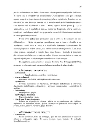 29
preciso também fazer uso do ler e do escrever, saber responder as exigências da leitura e
da escrita que a sociedade faz continuamente”. Consideramos aqui que a criança,
quando nasce, já se insere dentro do contexto social e na participação da cultura em seu
entorno. Com isso, ao chegar à escola, ela já possui a condição de letramento e começa
a se deparar com os símbolos e sons. Ainda, segundo Soares (2001, p. 18): “o
letramento é, pois, o resultado da ação de ensinar ou de aprender a ler e escrever: o
estado ou a condição que adquire um grupo social ou um indivíduo como conseqüência
de ter se apropriado da escrita”.
Nessa tarefa pedagógica, entendemos que o texto é o fio condutor da ação
alfabetizadora. Nesta perspectiva, consideramos que o texto é dirigido a um
interlocutor virtual, onde a clareza e o significado dependem exclusivamente dos
recursos próprios da escrita, ou seja, não admite recursos extralingüísticos. Além disso,
exige correção gramatical e permite frases mais longas. Contudo, é importante
dizermos que o trabalho com o texto, ou melhor dizendo, com os gêneros textuais, em
hipótese alguma pode se resumir à prática simplista de fazer “redação”.
Na seqüência, considerando os estudos de Maria José Nóbrega (2002/2003),
arrolamos os gêneros textuais a serem trabalhados nessa fase da alfabetização:
1. GÊNEROS DE TEXTOS ORAIS
- Instrucionais
Recados, instruções, ordens e solicitações.
- Interação Pessoal
Conversas telefônicas, bate-papo e conversas formais.
- De Imprensa
Notícias radiofônicas ou televisivas, reportagens radiofônicas e televisivas,
depoimentos radiofônicos ou televisivos – gravados ou presenciais – comentários de
notícias.
- Publicitários
Propagandas e gingles.
- De Divulgação Científica
Exposição, debate e aula.
- Literários e de entretenimento
Relatos de experiências vividas, relatos de acontecimentos do cotidiano,
reprodução de narrativas, causos, piadas, recitação de parlendas, trava-línguas ou
poemas, filmes, canções populares, peças de teatro.
2. GÊNEROS DE TEXTOS ESCRITOS
- Intrucionais
Listas telefônicas, listas de endereços, guia de ruas, enunciados de questões,
rótulos e embalagens, regras de jogos, receitas, bulas, manuais de instrução,
formulários, roteiros.
 