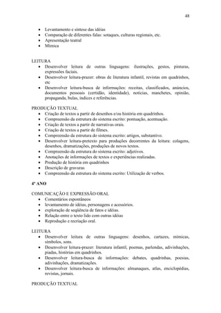 48
 Levantamento e síntese das idéias
 Comparação de diferentes falas: sotaques, culturas regionais, etc.
 Apresentação teatral
 Mímica
LEITURA
 Desenvolver leitura de outras linguagens: ilustrações, gestos, pinturas,
expressões faciais.
 Desenvolver leitura-prazer: obras de literatura infantil, revistas em quadrinhos,
etc
 Desenvolver leitura-busca de informações: receitas, classificados, anúncios,
documentos pessoais (certidão, identidade), notícias, manchetes, opinião,
propaganda, bulas, índices e referências.
PRODUÇÃO TEXTUAL
 Criação de textos a partir de desenhos e/ou história em quadrinhos.
 Compreensão da estrutura do sistema escrito: pontuação, acentuação.
 Criação de textos a partir de narrativas orais.
 Criação de textos a partir de filmes.
 Compreensão da estrutura do sistema escrito: artigos, substantivo.
 Desenvolver leitura-pretexto para produções decorrentes da leitura: colagens,
desenhos, dramatizações, produções de novos textos.
 Compreensão da estrutura do sistema escrito: adjetivos.
 Anotações de informações de textos e experiências realizadas.
 Produção de história em quadrinhos
 Descrição de gravuras
 Compreensão da estrutura do sistema escrito: Utilização de verbos.
4º ANO
COMUNICAÇÃO E EXPRESSÃO ORAL
 Comentários espontâneos
 levantamento de idéias, personagens e acessórios.
 exploração de seqüência de fatos e idéias.
 Relação entre o texto lido com outras idéias
 Reprodução e recriação oral.
LEITURA
 Desenvolver leitura de outras linguagens: desenhos, cartazes, mímicas,
símbolos, sons.
 Desenvolver leitura-prazer: literatura infantil, poemas, parlendas, adivinhações,
piadas, histórias em quadrinhos.
 Desenvolver leitura-busca de informações: debates, quadrinhas, poesias,
adivinhações, dramatizações.
 Desenvolver leitura-busca de informações: almanaques, atlas, enciclopédias,
revistas, jornais.
PRODUÇÃO TEXTUAL
 