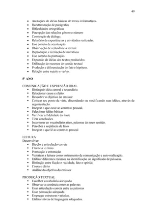 49
 Anotações de idéias básicas de textos informativos.
 Reestruturação de parágrafos
 Dificuldades ortográficas
 Percepção das relações gênero e número
 Construção de diálogo.
 Relatório de experiências e atividades realizadas.
 Uso correto de acentuação.
 Observação de redundância textual.
 Reprodução e recriação de narrativas
 Uso correto da pontuação.
 Expansão de idéias dos textos produzidos
 Utilização de recursos de coesão textual
 Produção e diferenciação de fato e hipótese.
 Relação entre sujeito e verbo.
5º ANO
COMUNICAÇÃO E EXPRESSÃO ORAL
 Distinguir idéia central e secundária
 Relacionar causa e efeito
 Descobrir o objetivo do emissor
 Colocar seu ponto de vista, discordando ou modificando suas idéias, através de
argumentação.
 Integrar o que ouve ao contexto pessoal.
 Selecionar idéias básicas
 Verificar a fidelidade da fonte
 Tirar conclusões
 Incorporar ao vocabulário ativo, palavras de novo sentido.
 Perceber a seqüência de fatos
 Integrar o que lê ao contexto pessoal
LEITURA
Desenvolver:
 Dicção e articulação correta
 Fluência e ritmo
 Pontuação e entonação
 Valorizar a leitura como instrumento de comunicação e auto-realização.
 Utilizar diferentes recursos na identificação do significado de palavras.
 Distinção entre ficção e realidade, fato e opinião
 Causa e efeito
 Análise do objetivo do emissor
PRODUÇÃO TEXTUAL
 Escolher vocabulário adequado
 Observar a coerência entre as palavras
 Usar articulação correta entre as palavras
 Usar pontuação adequada
 Empregar estruturas variadas.
 Utilizar níveis de linguagem adequados.
 