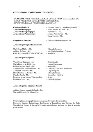 5
CONSULTORIA E ASSESSORIA PEDAGÓGICA
- PLANEJAR PROJETOS EDUCACIONAIS CONSULTORIA E ASSESSORIA S/C
- EIDOS PROJETOS E CONSULTORIA EDUCACIONAL
- DP CONSULTORIA E PROJETOS EDUCACIONAIS
Coordenação Geral - Doutora Zita Ana Lago Rodrigues - Ph.D.
Assessoria Pedagógica - Maria Dolores M. Dibb - Ms.
Assessoria Psicopedagógica - Norma Nycz - Ms.
Assessoria de Planejamento - Josiane Pariz Bertoja - Ms.
- Neide Ferreira - Ms.
Participação Especial - Professor Mario Bandiera - Ms.
Assessoria por segmentos de estudos
Marli Rosa Müller - Ms. - Educação Inclusiva
Adriana da Costa - Ms. - Interdisciplinaridade e Projetos
Carla Ropelato - Ms./Carlos Wolff - Ms. - Avaliação
Assessoria por disciplinas
Vânio César Seemann - Ms. - Alfabetização
Maria Dolores M. Dibb - Ms. - Língua Portuguesa
Paulina Jaegher Muniz - Ms. - Matemática
Angélica Góis Muller Morales - Ms. - Ciências e Educação Ambiental
Andréa M. Fontolan - Ms. - Língua Inglesa
Maria Cristina M. C. Rau - Ms. - Educação Física
Claudia Zanela - Ms. - Geografia e História
Rosanny M. de Morais Teixeira - Esp. - Artes
Emídia da Silva - Ms. - Ensino Religioso
Assessoria para a Educação Infantil
Adriane Beatriz Moecke Galando - Esp.
Margot Helena de Sá Ribas - Esp.
Colaboração e participação nas atividades de elaboração dos conteúdos:
Diretores, Equipes Pedagógicas, Professores e Educadores das Escolas da Rede
Municipal de Ensino de Itapoá-SC (citados nominalmente a seguir, por área de atuação
e disciplinas).
 