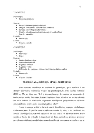 58
3º BIMESTRE
Morfologia:
 Pronomes relativos
Sintaxe:
 Período composto por coordenação
 Orações coordenadas assindéticas e sindéticas
 Período composto por subordinação
 Orações subordinadas substantivas, adjetivas, adverbiais
 Orações reduzidas
Redação:
 Dissertação
Leitura:
 Gêneros variados
4º BIMESTRE
Morfologia:
 Preposição
 Crase
Sintaxe:
 Concordância nominal
 Concordância verbal
 Regência nominal
 Regência verbal
 Colocação dos pronomes oblíquos: próclise, mesóclise, ênclise
Redação:
 Dissertação
Leitura:
 Gêneros variados
PROCESSO AVALIATIVO EM LÍNGUA PORTUGUESA
Neste contexto entendemos, no conjunto das proposições, que a avaliação é um
elemento constitutivo essencial do processo de aprendizagem, tal como a define Hoffmann
(2000, p. 57), ao dizer que: “[...] o acompanhamento do processo de construção de
conhecimento implica favorecer o desenvolvimento do aluno, orientá-lo nas tarefas, oferecer-
lhe novas leituras ou explicações, sugerir-lhe investigações, proporcionar-lhe vivências
enriquecedoras e favorecedoras à sua ampliação do saber.”
Assim, o processo avaliativo dar-se-á a partir dos objetivos propostos e trabalhados,
tendo como ponto de partida o desenvolvimento anterior do aluno e sua caminhada em
direção à superação dos problemas detectados em cada fase de seu desenvolvimento. Nesse
sentido, a função da avaliação é diagnosticar tais fatos, cabendo ao professor promover
procedimentos didático-metodológicos para enfrentá-los, de maneira que, ao avaliar o que se
 