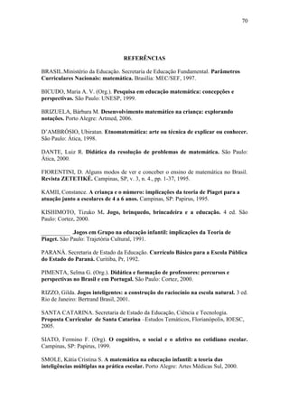 70
REFERÊNCIAS
BRASIL.Ministério da Educação. Secretaria de Educação Fundamental. Parâmetros
Curriculares Nacionais: matemática. Brasília: MEC/SEF, 1997.
BICUDO, Maria A. V. (Org.). Pesquisa em educação matemática: concepções e
perspectivas. São Paulo: UNESP, 1999.
BRIZUELA, Bárbara M. Desenvolvimento matemático na criança: explorando
notações. Porto Alegre: Artmed, 2006.
D’AMBRÓSIO, Ubiratan. Etnomatemática: arte ou técnica de explicar ou conhecer.
São Paulo: Ática, 1998.
DANTE, Luiz R. Didática da resolução de problemas de matemática. São Paulo:
Ática, 2000.
FIORENTINI, D. Alguns modos de ver e conceber o ensino de matemática no Brasil.
Revista ZETETIKÉ. Campinas, SP, v. 3, n. 4., pp. 1-37, 1995.
KAMII, Constance. A criança e o número: implicações da teoria de Piaget para a
atuação junto a escolares de 4 a 6 anos. Campinas, SP: Papirus, 1995.
KISHIMOTO, Tizuko M. Jogo, brinquedo, brincadeira e a educação. 4 ed. São
Paulo: Cortez, 2000.
__________ .Jogos em Grupo na educação infantil: implicações da Teoria de
Piaget. São Paulo: Trajetória Cultural, 1991.
PARANÁ. Secretaria de Estado da Educação. Currículo Básico para a Escola Pública
do Estado do Paraná. Curitiba, Pr, 1992.
PIMENTA, Selma G. (Org.). Didática e formação de professores: percursos e
perspectivas no Brasil e em Portugal. São Paulo: Cortez, 2000.
RIZZO, Gilda. Jogos inteligentes: a construção do raciocínio na escola natural. 3 ed.
Rio de Janeiro: Bertrand Brasil, 2001.
SANTA CATARINA. Secretaria de Estado da Educação, Ciência e Tecnologia.
Proposta Curricular de Santa Catarina –Estudos Temáticos, Florianópolis, IOESC,
2005.
SIATO, Fermino F. (Org). O cognitivo, o social e o afetivo no cotidiano escolar.
Campinas, SP: Papirus, 1999.
SMOLE, Kátia Cristina S. A matemática na educação infantil: a teoria das
inteligências múltiplas na prática escolar. Porto Alegre: Artes Médicas Sul, 2000.
 