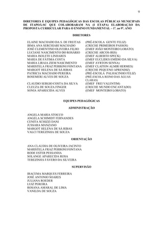 9
DIRETORES E EQUIPES PEDAGÓGICAS DAS ESCOLAS PÚBLICAS MUNICIPAIS
DE ITAPOÁ-SC QUE COLABORARAM NA (I ETAPA) ELABORAÇÀO DA
PROPOSTA CURRICULAR PARA O ENSINO FUNDAMENTAL – 1º. ao 9º. ANO
DIRETORES
ELAINE MACHADO DA S. DE FREITAS (PRÉ-ESCOLA GENTE FELIZ)
IRMA ANA SERCHIARI MACHADO (CRECHE PRIMEIROS PASSOS)
JOSÉ CLEMENTINO OLIVEIRA FILHO (EMEF JOÃO MONTEIRO LOBATO)
LUCIANE NASCIMENTO DO ROSÁRIO (CRECHE ARCOS-IRIS)
MARIA ISOLETE LINHARES (EMEF ALBERTO SPECK)
MARIA DE FÁTIMA COSTA (EMEF EUCLIDES EMÍDIO DA SILVA)
MARIA LIRAIA ZIEM NASCIMENTO (EMEF AYRTON SENNA)
MARISTELA FRAZ PERRONI FONTANA (EMEF CLAITON ALMIR HERMES)
MARGOT HELENA DE SÁ RIBAS (CRECHE PEQUENO APRENDIZ)
PATRICIA MACHADO PEREIRA (PRÉ-ESCOLA PALHACINHO FELIZ)
ROSEMERI ALVES DE SOUZA (PRÉ-ESCOLA REINO DAS ÁGUAS
CLARAS)
CLAUDIO SERGIO COSTA DA SILVA (EMEF FREI VALENTIM)
CLEUZA DE SOUZA FINGER (CRECHE MUNDO ENCANTADO)
SONIA APARECIDA ALVES (EMEF MONTEIRO LOBATO)
EQUIPES PEDAGÓGICAS
ADMINISTRAÇÃO
ANGELA MARIA STOCCO
ANGELA SCHIMIDT FERNANDES
CENITA SCHIZZI DANI
JUSSARA MANZANO
MARGOT HELENA DE SÁ RIBAS
VALCI TEREZINHA DE SOUZA
ORIENTAÇÃO
ANA CLAUDIA DE OLIVEIRA JACINTO
MARISTELA FRAZ PERRONI FONTANA
RODE ESTER PESSANHA
SOLANGE APARECIDA ROSA
TEREZINHA FÁVERO DA SILVEIRA
SUPERVISÃO
IRACEMA MARQUES FERREIRA
JOSÉ ANTONIO SOARES
JULIANA ROEDER
LUIZ PEREIRA
ROSANA AMARAL DE LIMA
VANILDA DE SOUZA
 