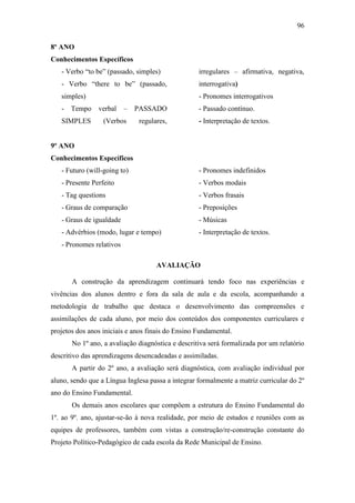 96
8º ANO
Conhecimentos Específicos
- Verbo “to be” (passado, simples)
- Verbo “there to be” (passado,
simples)
- Tempo verbal – PASSADO
SIMPLES (Verbos regulares,
irregulares – afirmativa, negativa,
interrogativa)
- Pronomes interrogativos
- Passado contínuo.
- Interpretação de textos.
9º ANO
Conhecimentos Específicos
- Futuro (will-going to)
- Presente Perfeito
- Tag questions
- Graus de comparação
- Graus de igualdade
- Advérbios (modo, lugar e tempo)
- Pronomes relativos
- Pronomes indefinidos
- Verbos modais
- Verbos frasais
- Preposições
- Músicas
- Interpretação de textos.
AVALIAÇÃO
A construção da aprendizagem continuará tendo foco nas experiências e
vivências dos alunos dentro e fora da sala de aula e da escola, acompanhando a
metodologia de trabalho que destaca o desenvolvimento das compreensões e
assimilações de cada aluno, por meio dos conteúdos dos componentes curriculares e
projetos dos anos iniciais e anos finais do Ensino Fundamental.
No 1º ano, a avaliação diagnóstica e descritiva será formalizada por um relatório
descritivo das aprendizagens desencadeadas e assimiladas.
A partir do 2º ano, a avaliação será diagnóstica, com avaliação individual por
aluno, sendo que a Língua Inglesa passa a integrar formalmente a matriz curricular do 2º
ano do Ensino Fundamental.
Os demais anos escolares que compõem a estrutura do Ensino Fundamental do
1º. ao 9º. ano, ajustar-se-ão à nova realidade, por meio de estudos e reuniões com as
equipes de professores, também com vistas a construção/re-construção constante do
Projeto Político-Pedagógico de cada escola da Rede Municipal de Ensino.
 