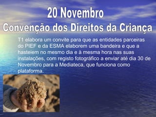 T1 elabora um convite para que as entidades parceiras
do PIEF e da ESMA elaborem uma bandeira e que a
hasteiem no mesmo dia e à mesma hora nas suas
instalações, com registo fotográfico a enviar até dia 30 de
Novembro para a Mediateca, que funciona como
plataforma.
 