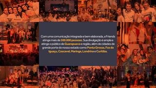 Comumacomunicaçãointegradaebemelaborada,aFriends
atingemaisde500.000pessoas.Suadivulgaçãoéamplae
atingeopúblicodeGuarapuavaeregião,alémdecidadesde
grandeportedonossoestadocomoPontaGrossa,Fozdo
Iguaçu,Cascavel,Maringa,LondrinaeCuritiba.
 