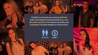 OpúblicoécompostoporpessoasdoBrasil
inteiro,principalmentepelosparanaenses, com
altopoderaquisitivo,formadoresdeopnião,que
sedivertemcercadosdeglamoureboamúsica.
20-30ANOS CLASSEAB
 