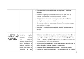 Compreender as formas elementares de localização e orientação
                                             geográfica.
                                             Entender a segregação socioeconômica e cultural como fator de
                                             exclusão social e estímulo à criminalidade nas cidades.
                                             Compreender as mudanças nas relações sociais do trabalho e a
                                             separação entre o campo e a cidade.
                                             Conhecer os ambientes naturais e as diferentes formas de construção
                                             das moradias no mundo.
                                             Relacionar o trabalho e a apropriação da natureza na construção do
                                             território.



O ESTUDO DA Território,         região,      Relacionar sociedade e natureza, reconhecendo suas interações na
NATUREZA E SUA paisagem,       cultura,      organização do espaço em diferentes contextos histórico-geográficos.
IMPORTÂNCIA
               meio          ambiente,       Utilizar a linguagem cartográfica para obter informações e representar a
PARA O HOMEM
               geologia, solos, relevo,      espacialidade dos fenômenos geográficos.
                   clima,   vegetação    e   Conhecer as relações entre o homem e a natureza na construção do
                   recursos hídricos no      espaço geográfico mundial, brasileiro e maranhense.
                   mundo, no Brasil, no      Classificar fatos e dados sobre a produção e consumo de energia.
                   Maranhão     e       em   Entender as dinâmicas da atmosfera e as interferências do ser humano

                                                                                                                        65
 