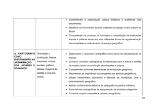 Compreender a estruturação urbana brasileira e problemas dela
                                        decorrentes.
                                        Identificar os movimentos sociais presentes no espaço rural e urbano do
                                        Brasil.
                                        Compreender os processo de formação e consolidação da instituições
                                        sociais e políticas tendo em vista diferentes forma de regulamentação
                                        das sociedades e ordenamento do espaço geográfico.



A CARTOGRAFIA    Orientação e           Desenvolver o raciocínio cartográfico como forma de representação do
COMO             localização, Mapas,    espaço.
INSTRUMENTO NA
                 maquetes, croquis,     Construir conceitos cartográficos fundamentais para a leitura e análise
APROXIMAÇÃO
DOS LUGARES E    escalas, gráficos,     de mapas a partir da confecção de maquetes e croquis.
DO MUNDO.        tabelas, imagens de    Compreender as formas elementares de localização geográfica.
                 satélite e rosa-dos-   Reconhecer da importância da cartografia nos estudos geográficos.
                 ventos.                Utilizar instrumentos (bússolas) e técnicas de localização para o
                                        direcionamento geográfico.
                                        Aplicar conhecimentos teóricos de cartografia na pratica cotidiana.
                                        Fazer leituras cartográficas de interpretação de símbolos e legendas.
                                        Construir croquis, maquetes e plantas cartográficas.

                                                                                                                  72
 