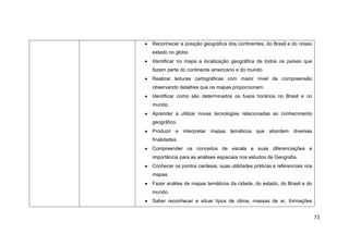 Reconhecer a posição geográfica dos continentes, do Brasil e do nosso
estado no globo.
Identificar no mapa a localização geográfica de todos os países que
fazem parte do continente americano e do mundo.
Realizar leituras cartográficas com maior nível de compreensão
observando detalhes que os mapas proporcionam.
Identificar como são determinados os fusos horários no Brasil e no
mundo.
Aprender a utilizar novas tecnologias relacionadas ao conhecimento
geográfico.
Produzir e interpretar mapas temáticos que abordem diversas
finalidades.
Compreender os conceitos de escala e suas diferenciações e
importância para as análises espaciais nos estudos de Geografia.
Conhecer os pontos cardeais, suas utilidades práticas e referenciais nos
mapas.
Fazer análise de mapas temáticos da cidade, do estado, do Brasil e do
mundo.
Saber reconhecer e situar tipos de clima, massas de ar, formações


                                                                           73
 