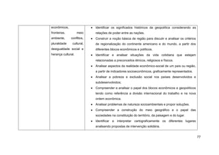 econômicos,                Identificar os significados históricos da geopolítica considerando as
fronteiras,         meio   relações de poder entre as nações.
ambiente,     conflitos,   Construir a noção básica de região para discutir e analisar os critérios
pluralidade    cultural,   de regionalização do continente americano e do mundo, a partir dos
desigualdade social e      diferentes blocos econômicos e políticos.
herança cultural.          Identificar e analisar situações da vida cotidiana que estejam
                           relacionadas a preconceitos étnicos, religiosos e físicos.
                           Analisar aspectos da realidade econômico-social de um país ou região,
                           a partir de indicadores socioeconômicos, graficamente representados.
                           Analisar a pobreza e exclusão social nos países desenvolvidos e
                           subdesenvolvidos;
                           Compreender e analisar o papel dos blocos econômicos e geopolíticos
                           tendo como referência a divisão internacional do trabalho e na nova
                           ordem econômica.
                           Analisar problemas de natureza socioambientais e propor soluções.
                           Compreender a construção do meio geográfico e o papel das
                           sociedades na constituição do território, da paisagem e do lugar.
                           Identificar e interpretar cartograficamente os diferentes lugares
                           analisando propostas de intervenção solidária.


                                                                                                      77
 