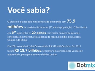 O Brasil é o quinto país mais conectado do mundo com 75,9
milhõesde usuários da internet (37,4% da população). O Brasil está
em 5ºlugar entre os 20 países com maior número de pessoas
conectadas na internet, atrás apenas do Japão, da Índia, dos Estados
Unidos e da China.
Em 2001 o comércio eletrônico vendia R$ 540 milhões/ano. Em 2011
foram R$ 18,7 bilhões, sem levar em consideração vendas de
automóveis, passagens aéreas e leilões online.
Você sabia?
 