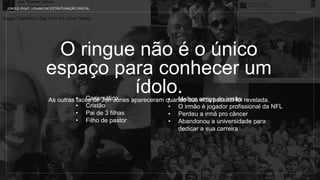 O ringue não é o único
espaço para conhecer um
ídolo.As outras faces de Jon Jones apareceram quando sua vida pessoal foi revelada.• Carismático
• Cristão
• Pai de 3 filhas
• Filho de pastor
JUNGLE FIGHT | PLANO DE ESTRUTURAÇÃO DIGITAL
• Melhor amigo do irmão
• O irmão é jogador profissional da NFL
• Perdeu a irmã pro câncer
• Abandonou a universidade para
dedicar a sua carreira
 