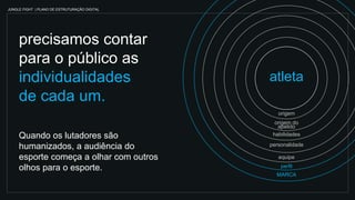 JUNGLE FIGHT | PLANO DE ESTRUTURAÇÃO DIGITAL
atleta
precisamos contar
para o público as
individualidades
de cada um.
origem
origem do
apelido
habilidades
personalidade
equipe
MARCA
perfil
Quando os lutadores são
humanizados, a audiência do
esporte começa a olhar com outros
olhos para o esporte.
 