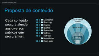 Cada conteúdo
procura atender
aos diversos
públicos que
procuramos.
Proposta de conteúdo
2) Portal de convergência Digital
Lutadores
Ranking
Equipe
Evento
Recordes
Vídeos
Notícias
Newsletter
Ring girls
FÃS DE HERÓIS
LOCAIS
FÃS DE HERÓIS.
FÃS DO
ESPORTE
 