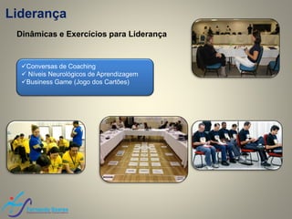 Liderança
Conversas de Coaching
 Níveis Neurológicos de Aprendizagem
Business Game (Jogo dos Cartões)
Dinâmicas e Exercícios para Liderança
 